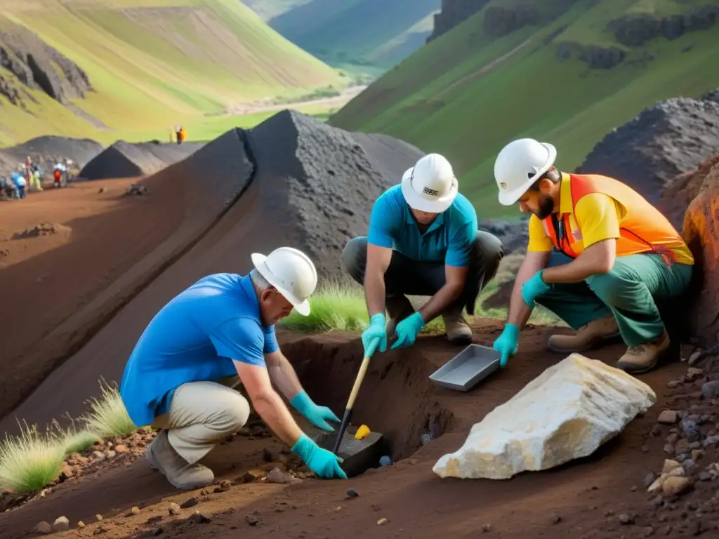 Expertos geólogos y coleccionistas usando equipo de excavación manual para coleccionistas para extraer minerales preciosos con precisión en terreno rocoso