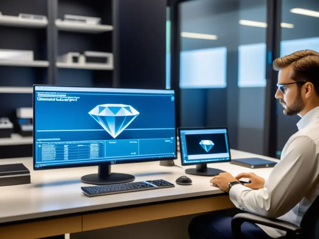 Expertos gemólogos utilizan inteligencia artificial para clasificación de diamantes, escena de alta tecnología y precisión