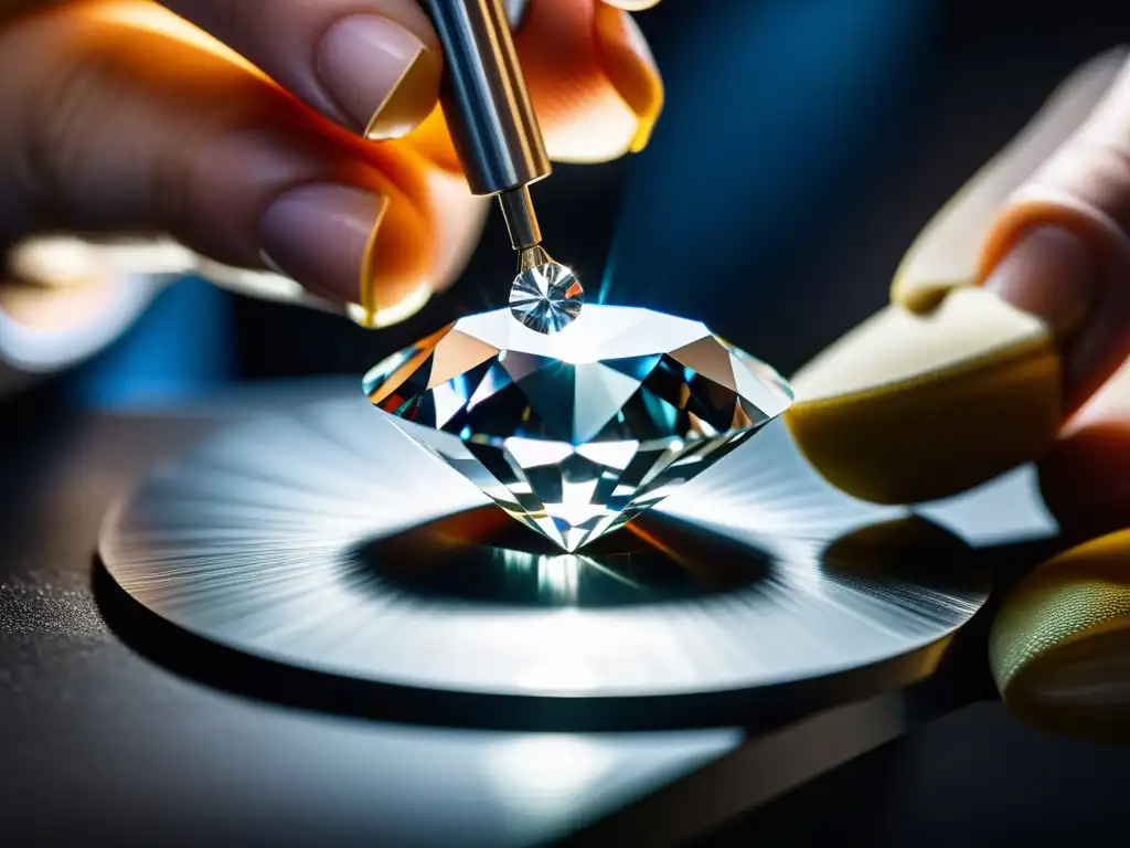 Diamante pulido con precisión: arte y dilema ético Expertos tallan con precisión un diamante, mostrando la responsabilidad corporativa en comercio de gemas de sangre