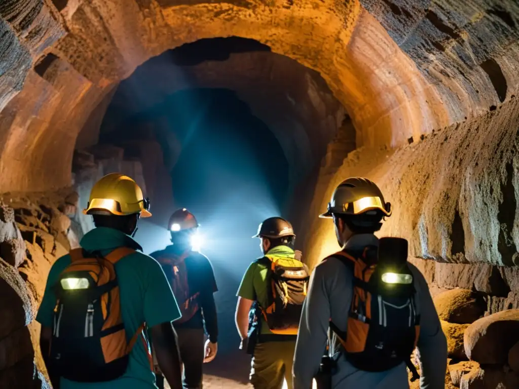 Exploración en las antiguas minas de cobre turismo: Hikers con linternas en túneles oscuros llenos de minerales y restos industriales