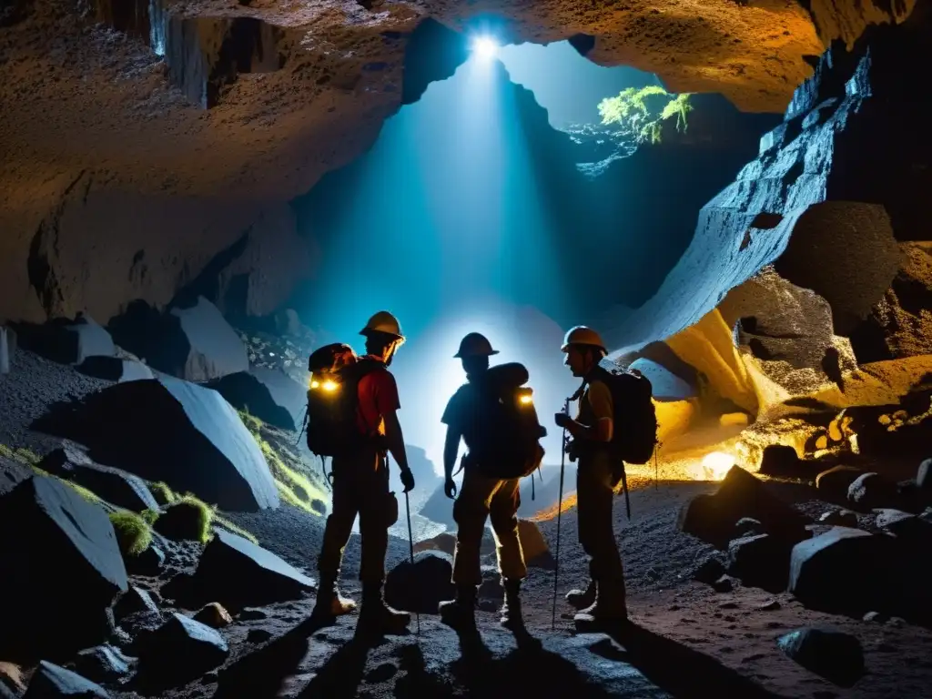 Exploradores equipados con linternas, adentrándose con cuidado en una caverna de obsidiana