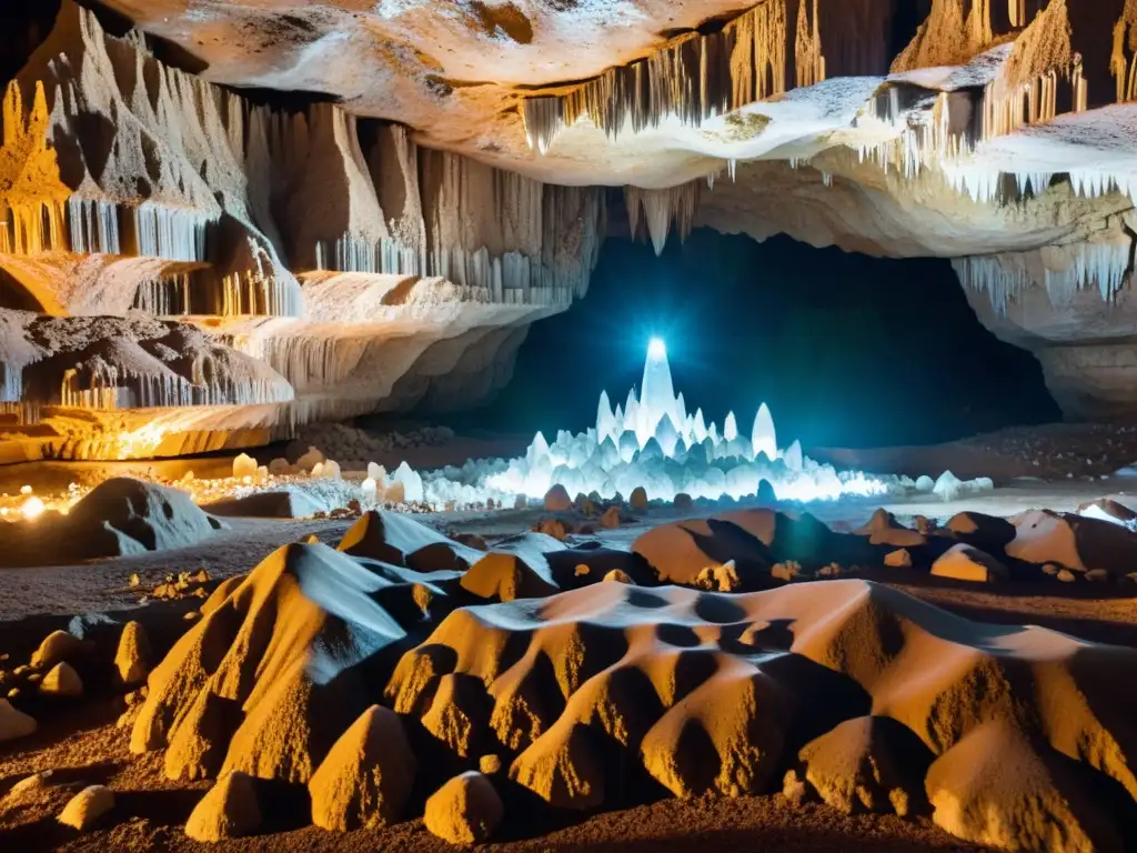 Exploradores maravillados contemplan la belleza de cristales en cuevas naturales, iluminados por la suave luz cálida