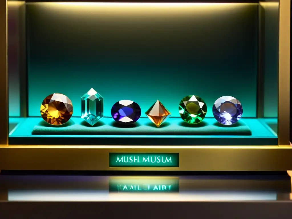 Exhibición de gemas históricas iluminadas en museo Una exposición de gemas históricas iluminadas en un museo, con visitantes observando