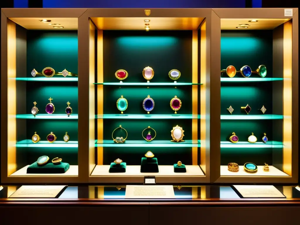 Exquisita colección de joyas de gemas históricas en museo Exposiciones de gemas históricas en museo con joyería vibrante y detalles delicados bajo suave iluminación cálida