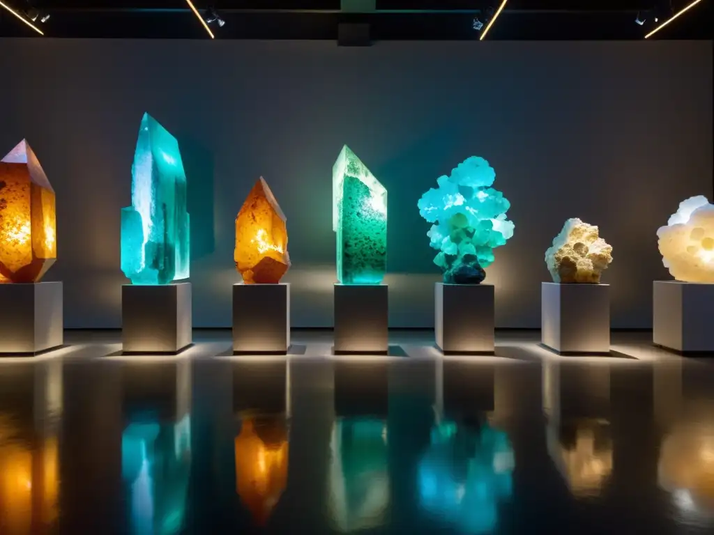 Exposiciones de minerales y arte: Galería iluminada con minerales vibrantes en pedestales minimalistas, visitantes maravillados