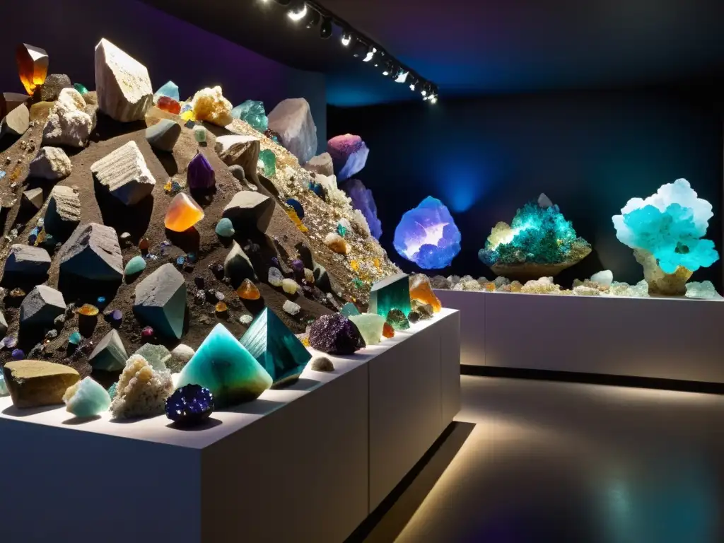 Exposiciones minerales gemas raros: impresionante exhibición subterránea de gemas y minerales en un espacio oscuro y vibrante