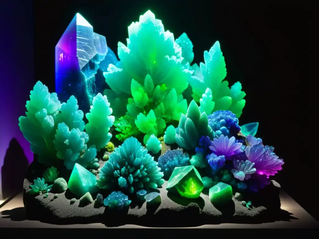 Exposiciones minerales Europa sorprendentes: Deslumbrante exhibición de minerales fluorescentes en museo, deslumbrantes colores bajo luz UV