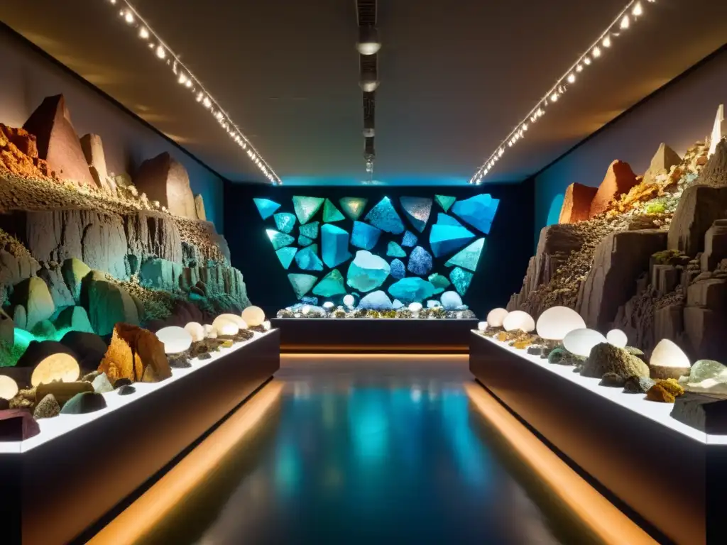 Exposiciones minerales geología evolución terrestre: Sala cavernosa iluminada con espectaculares formaciones minerales