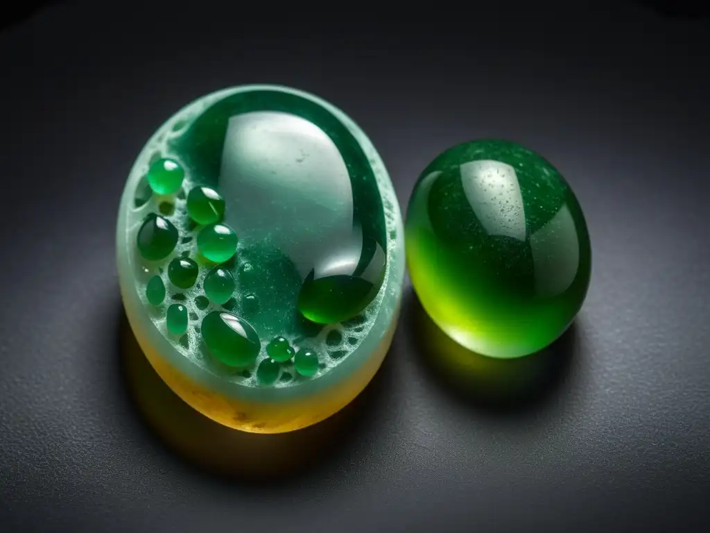 Dos exquisitas piedras de jade, una jadeíta y una nefrita, detalladas en 8k sobre terciopelo negro