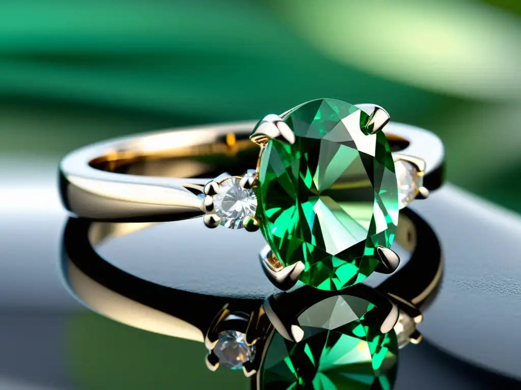 Un exquisito anillo de oro blanco con un esmeralda verde brillante, ideal para el marketing para gemólogos