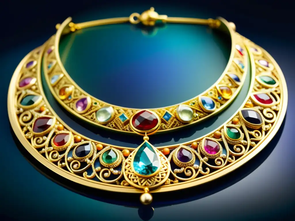 Exquisito collar de oro antiguo con gemas preciosas, resalta su valor histórico y artesanal