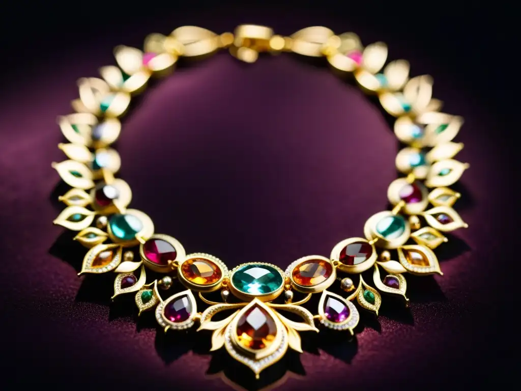 Exquisito collar de oro con gemas vibrantes en terciopelo oscuro y luz suave