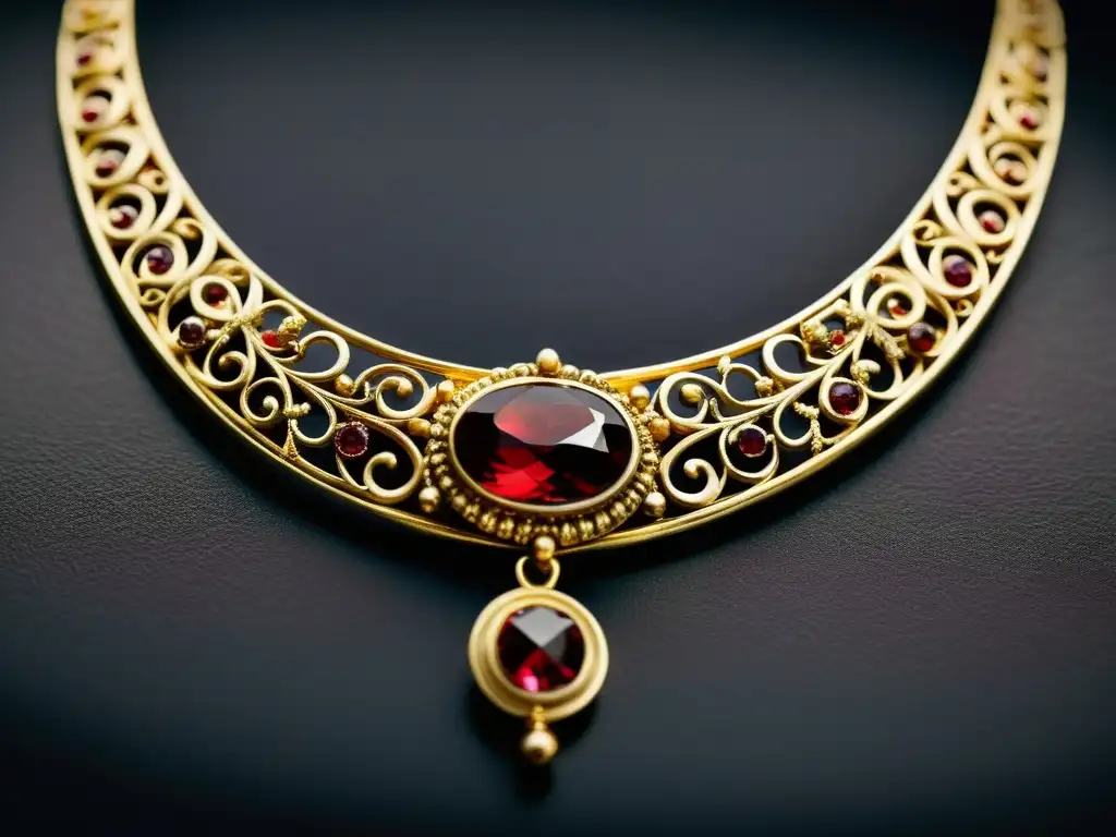 Un exquisito collar de oro y granate de la antigua Roma, con filigranas detalladas y gemas rojas, evocando elegancia atemporal y patrimonio cultural