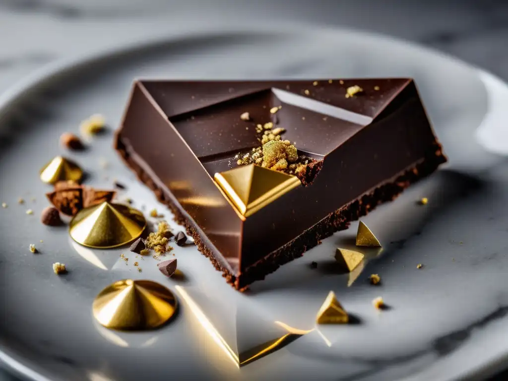 Un exquisito diamante de chocolate oscuro sobre mármol blanco con polvo de cacao y hojas de oro comestible