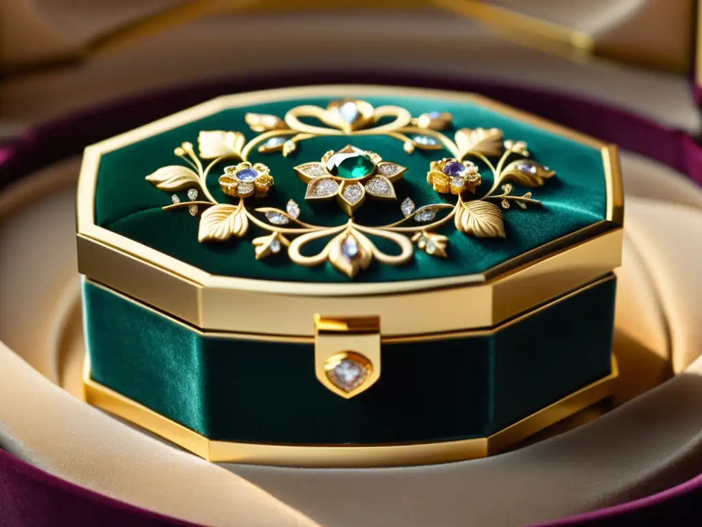 Exquisita joyería en elegante estuche de oro Exquisito empaque de joyería con detalles dorados y joya brillante