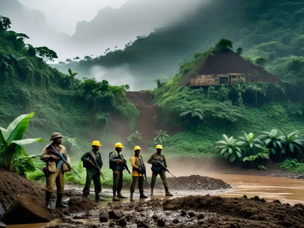 Extracción de gemas en ambiente hostil y peligroso en la selva, reflejando los conflictos armados y la naturaleza ilegal de la operación