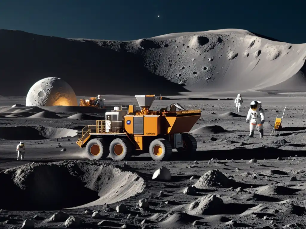 Extracción de Helio3 mineral lunar energía, con tecnología futurista y astronautas en trajes especializados, en paisaje lunar desolado