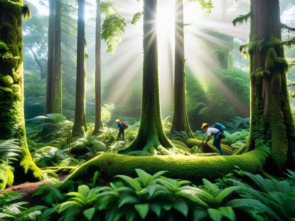 Una exuberante escena forestal con luz solar filtrándose a través del denso dosel, iluminando la exuberante vegetación