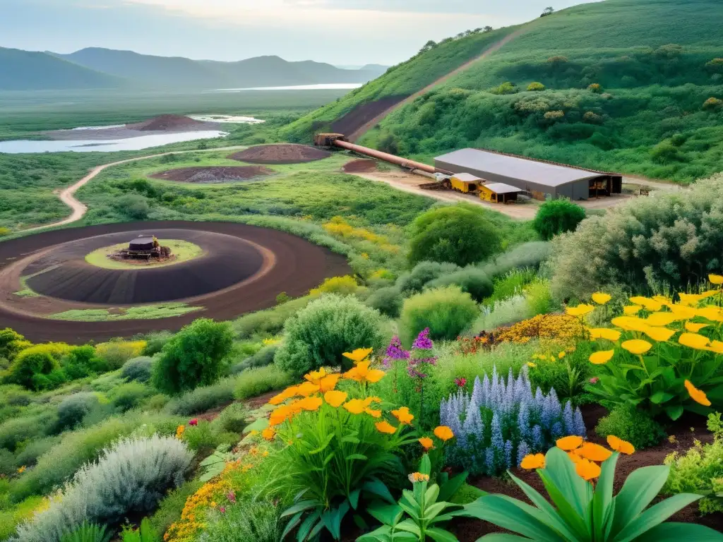 Una exuberante y vibrante imagen de un sitio minero rehabilitado, rebosante de flora y fauna diversa