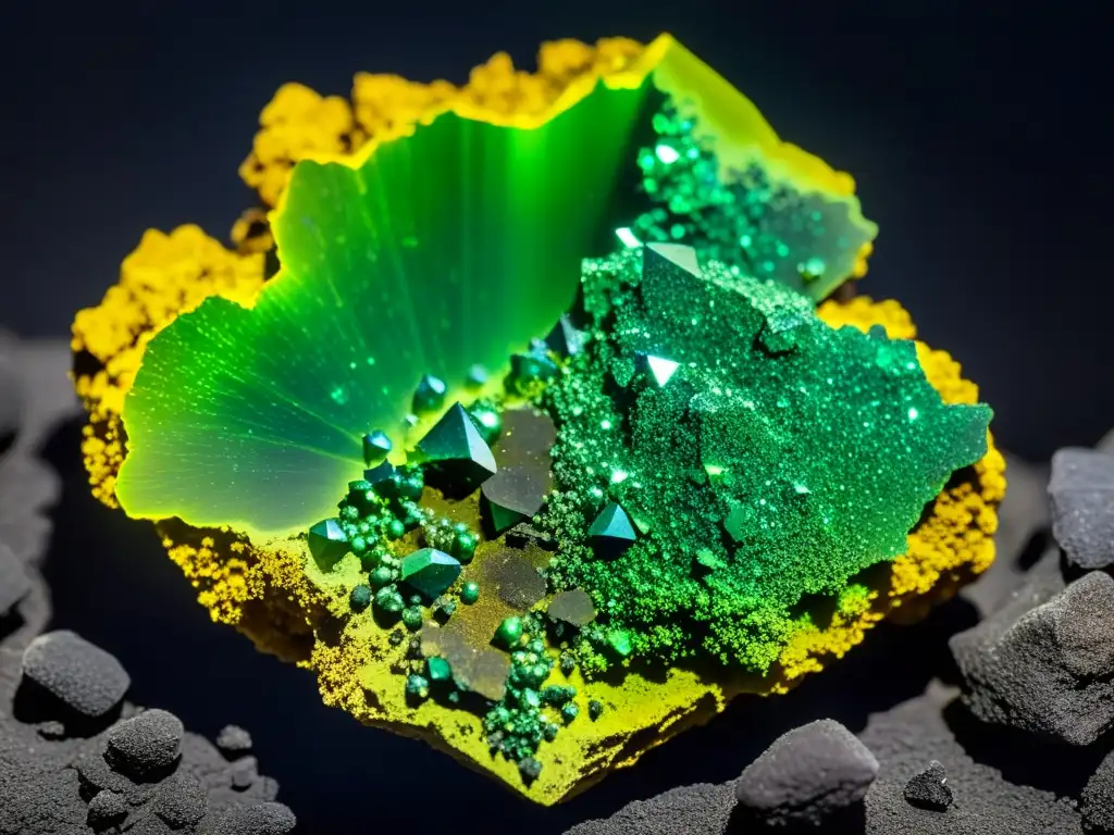 Una fascinante imagen de minerales radiactivos uraninita y torianita, con detalles intrincados y una belleza única