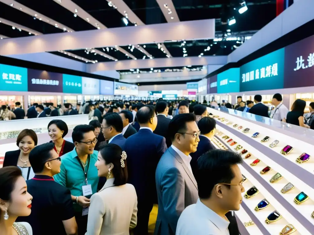 Una feria de joyería en Hong Kong con impacto económico, exhibiendo gemas y joyas exquisitas en un ambiente vibrante y bullicioso