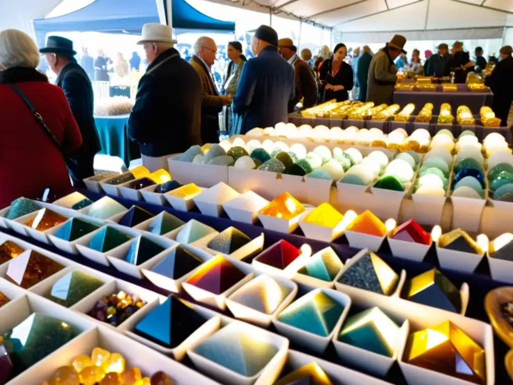 Feria de Minerales: Maravilla y Conocimiento Una feria mineral bulliciosa llena la escena con una vibrante variedad de minerales en exhibición
