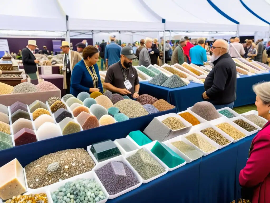 Una feria mineral bulliciosa con marcas y visitantes explorando minerales y gemas en coloridos puestos