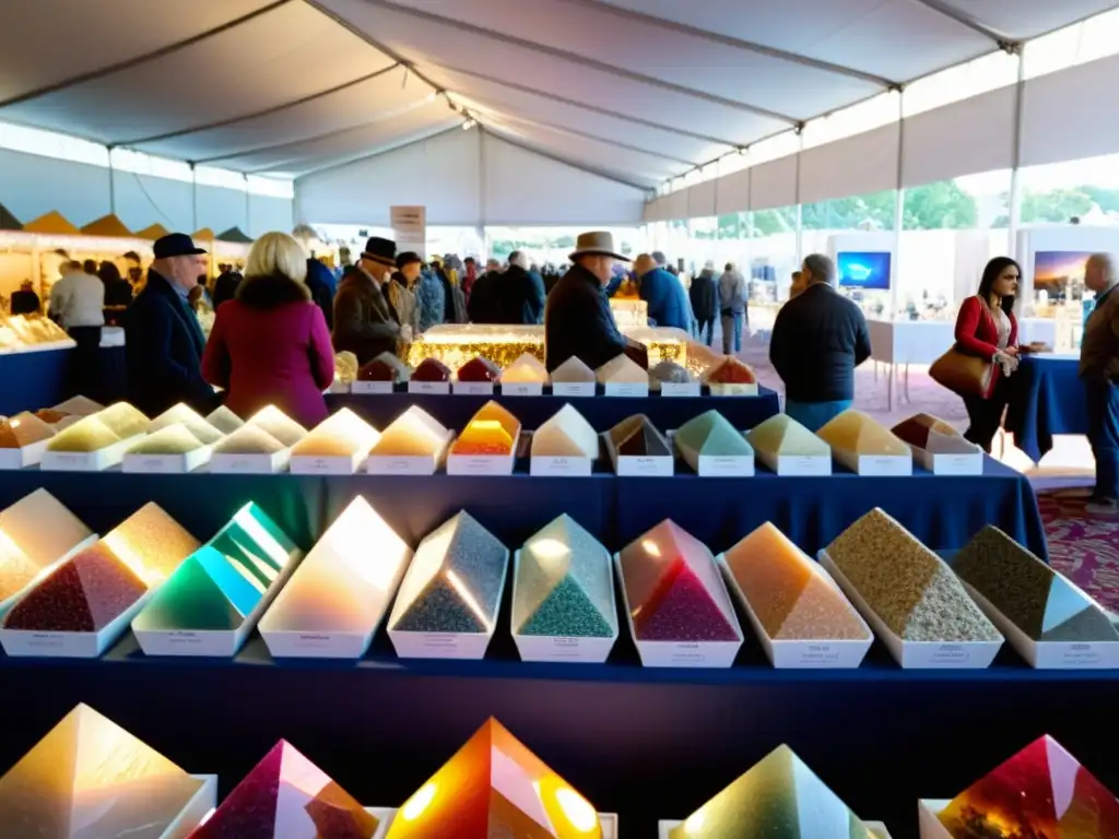 Feria de Minerales: Colores, Texturas y Emoción Una feria mineral bulliciosa con vibrantes gemas y cristales en puestos intrincados