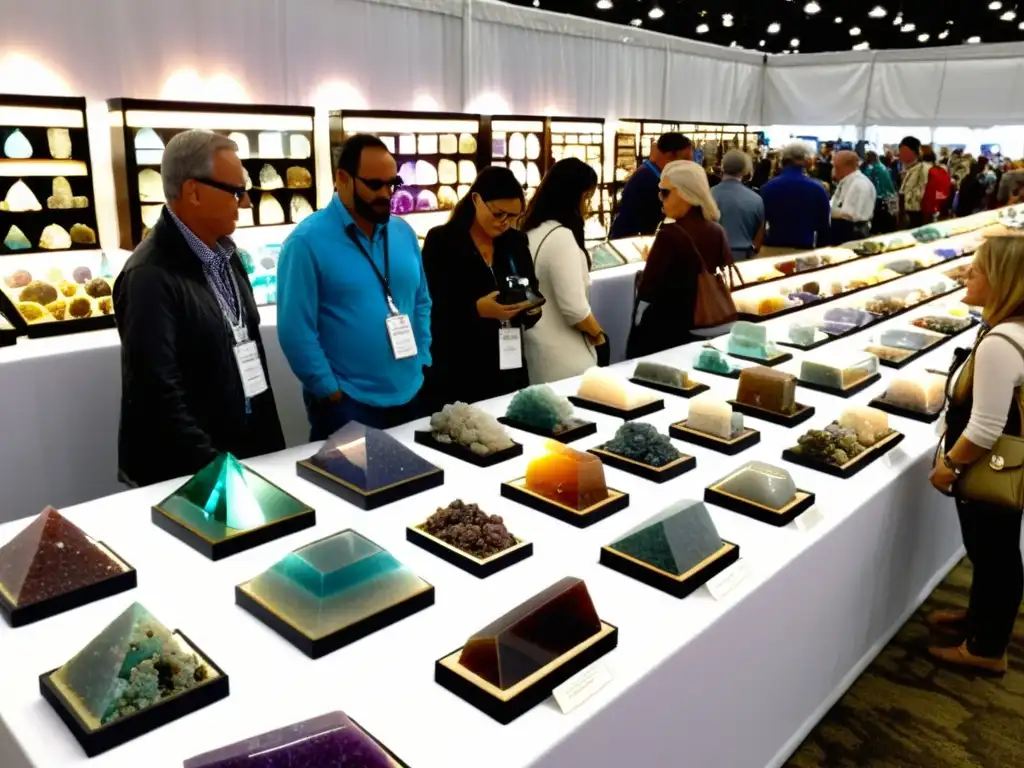 En la feria mineral, coleccionistas exploran gemas y minerales, aprendiendo sobre sus propiedades y orígenes geológicos