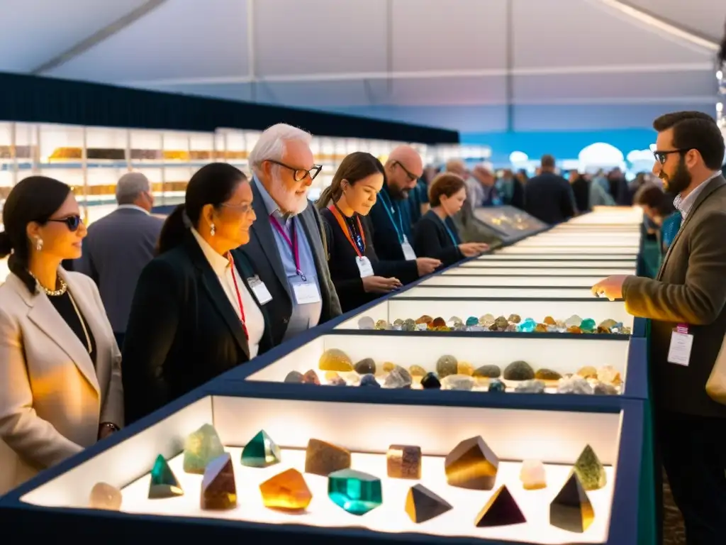 Una feria mineral con exhibiciones de gemas y minerales, asistentes maravillados conversan con vendedores