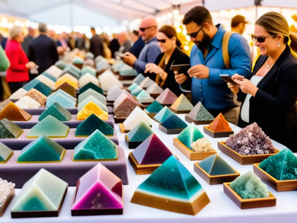 Colorida feria de minerales con diversidad y energía Una feria mineral llena de energía, con asistentes examinando coloridas muestras en mesas