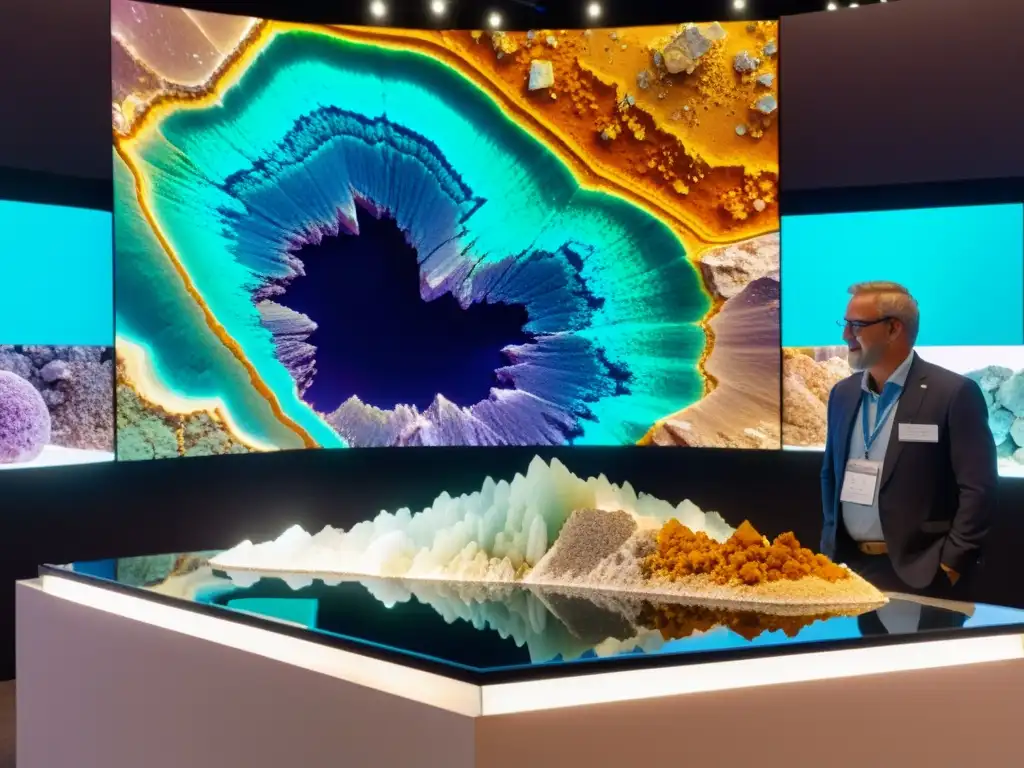 Una feria virtual de minerales con colores vibrantes y detalles intrincados, donde los asistentes interactúan en un entorno digital inmersivo