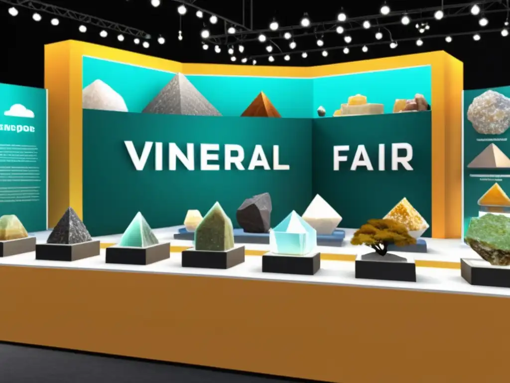 Ferias virtuales minerales creciente popularidad: Imagen detallada de una feria virtual de minerales con exhibidores y visitantes virtuales