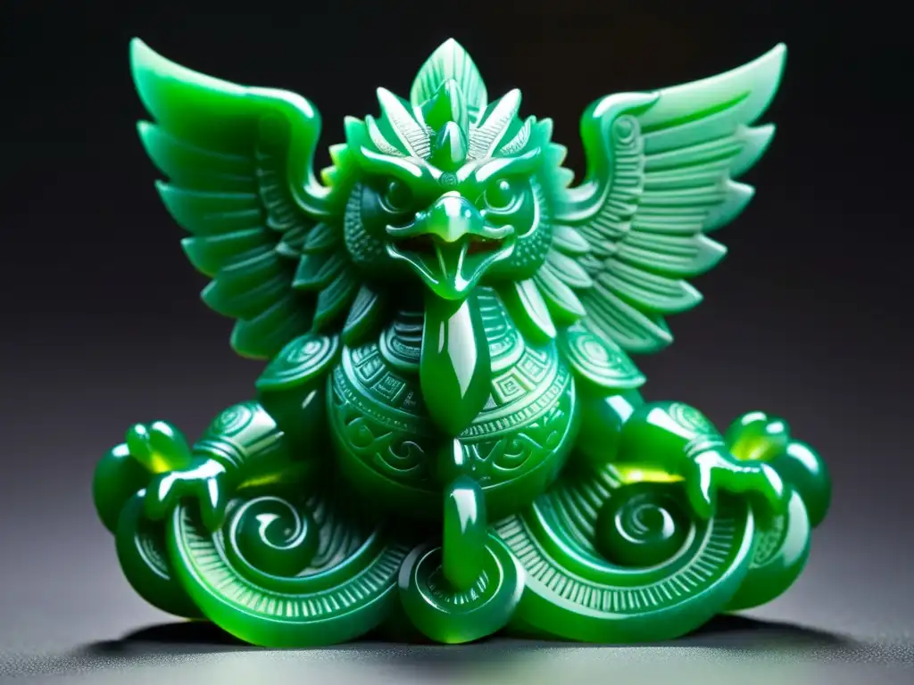 Figura tallada en jade de Quetzalcoatl, simbolizando el significado mitológico del jade maya, con detalles intrincados y aura de poder