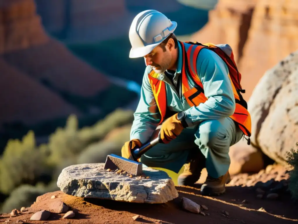 Un geólogo examina cuidadosamente una formación rocosa, resaltando procesos geológicos de formación de minerales metálicos por oxidación y reducción