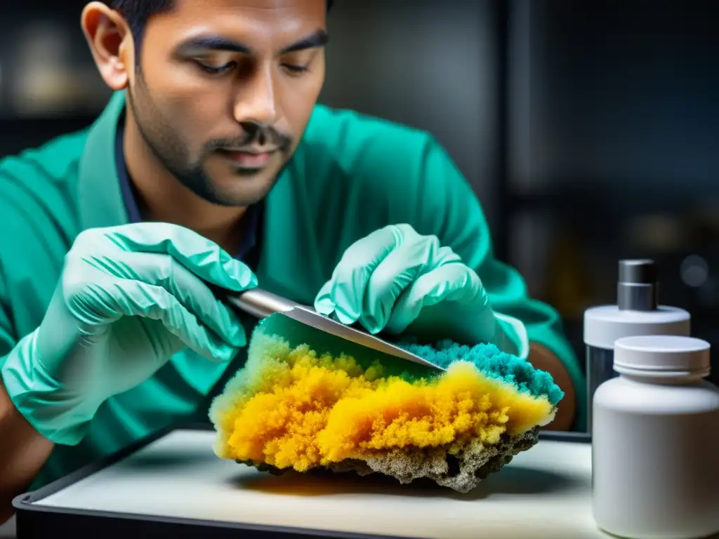 Un fotógrafo profesional limpia con precisión un mineral vibrante, mostrando el cuidado en el mantenimiento de minerales para fotografía