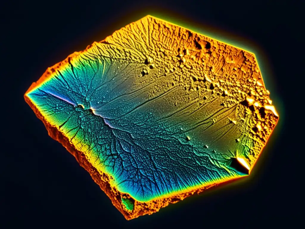 Fragmento de meteorito iridiscente en superficie oscura, joyería extraterrestre meteoritos