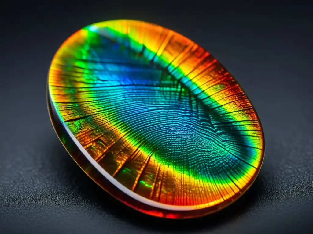 Una gema Ammolite de colores vibrantes en contraste con un fondo de terciopelo negro, mostrando su belleza natural