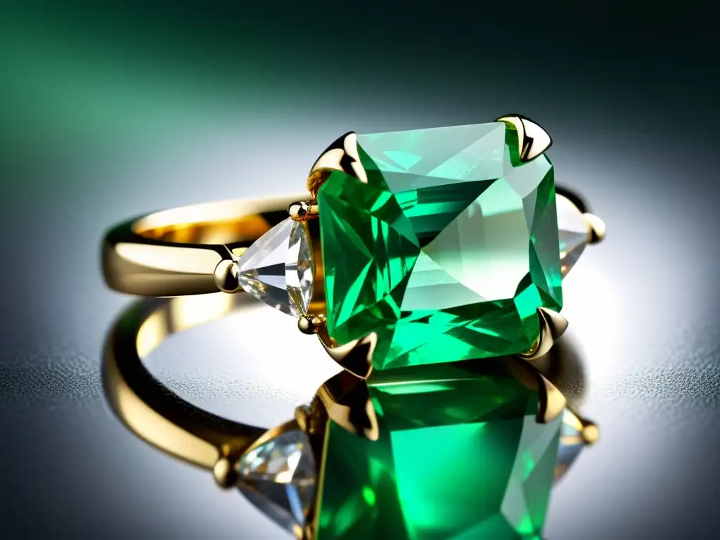 Una fotografía de gemas con difusores que muestra un esmeralda brillante en detalle, resaltando su color verde vibrante y facetas intrincadas