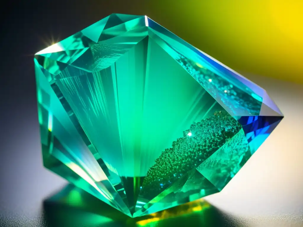 Una fotografía de gemas con luz polarizada, revelando la belleza única de un esmeralda y un diamante en detalle