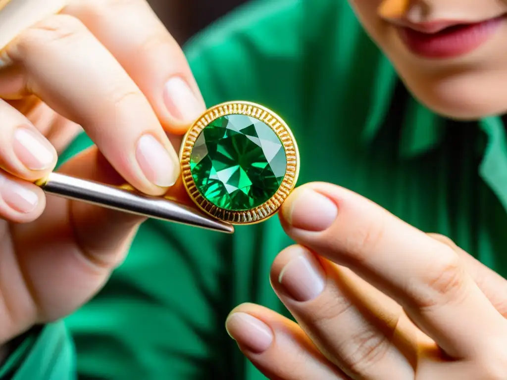 Invertir en gemas raras colores: Detallada inspección de un esmeralda verde intenso bajo lupa de joyero, resaltando su valor y belleza