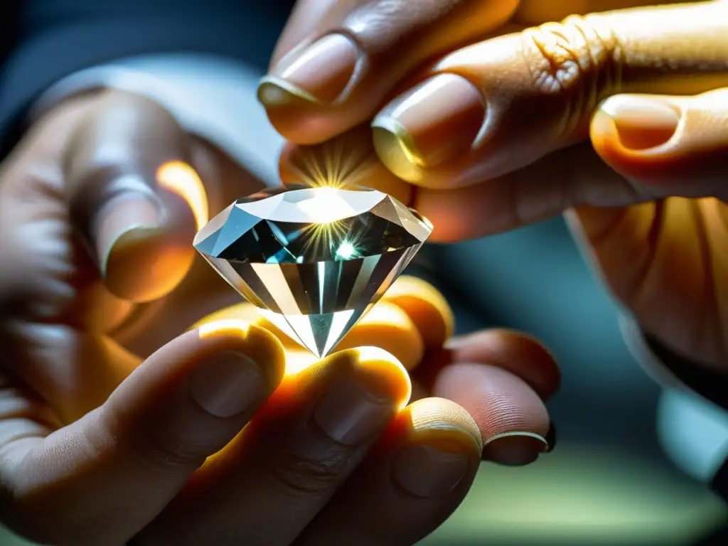 Un gemólogo examina detalladamente un bruto de diamante bajo una luz especializada, revelando la complejidad y belleza natural de esta piedra preciosa