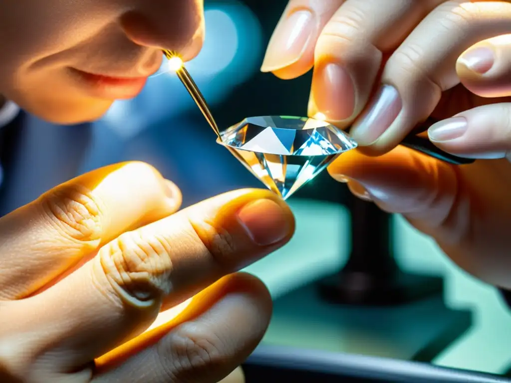 Un gemólogo certificado examina con precisión un deslumbrante anillo de diamantes bajo magnificación en un laboratorio de gemas profesional y bien iluminado