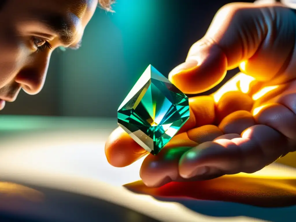 Examen detallado de gema rara por experto en gemología Un gemólogo examina con cuidado una gema rara sin cortar bajo intensa iluminación, mostrando su belleza natural