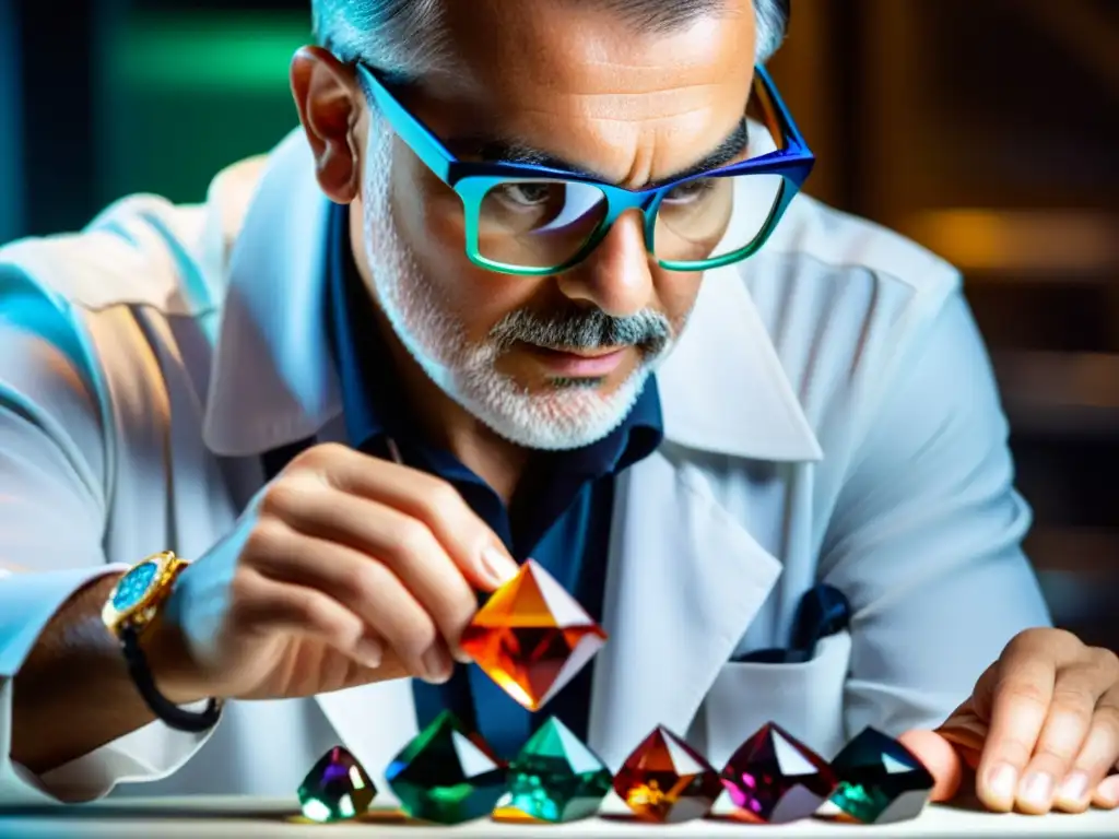 Experto en gemas examina con detalle una piedra preciosa Un gemólogo examina con cuidado una gema rara y vibrante bajo luz especializada, mostrando detalles intrincados y colores fascinantes