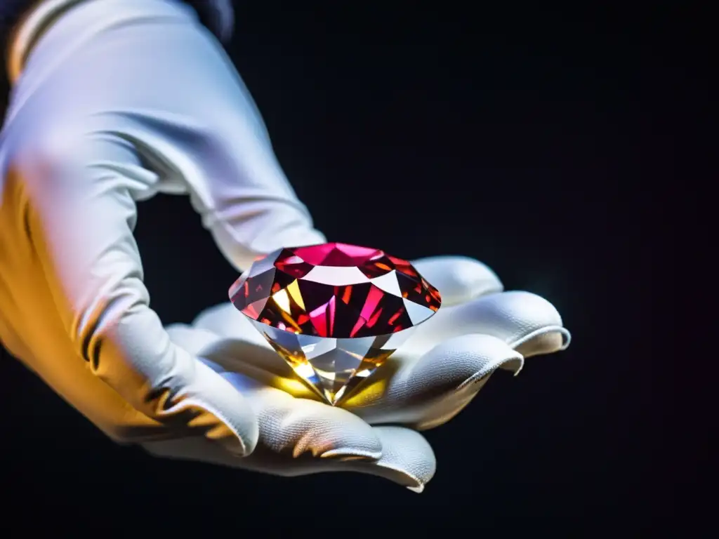 Un gemólogo examina con cuidado un raro diamante rosa bajo intensa iluminación