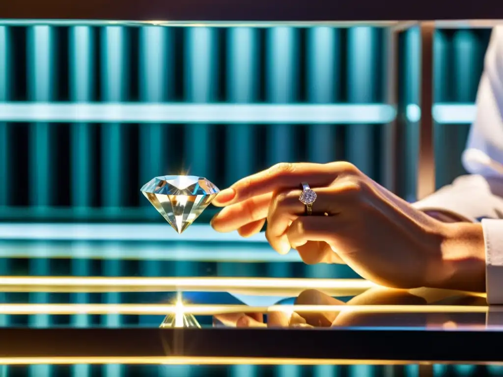Un gemólogo examina detalladamente un diamante bajo luz intensa, resaltando sus facetas brillantes