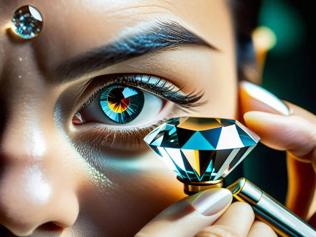 Un gemólogo examina detalladamente un diamante multifacético con una lupa, revelando la precisión y la belleza de la gemología