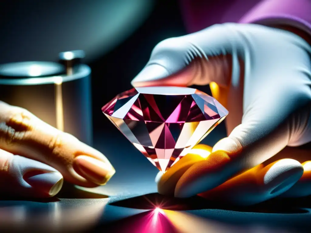 Un gemólogo examina un diamante rosa profundo bajo luz brillante, destacando su belleza y rareza