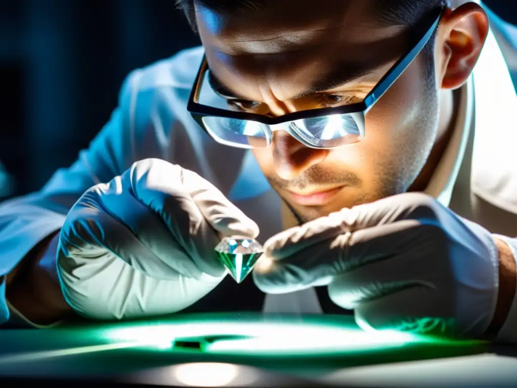 Un gemólogo experto examina con cuidado un diamante brillante bajo luz focalizada, destacando la precisión y dedicación en gemología